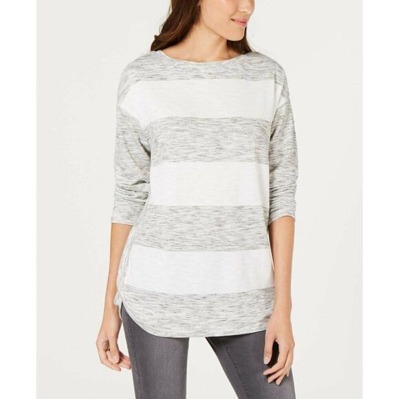 STYLE & CO White Gray Colorblock Stripe Boat Neck Shirt Top Small NEW - Picture 1 of 4